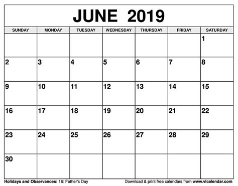 Printable Calendar June 2019